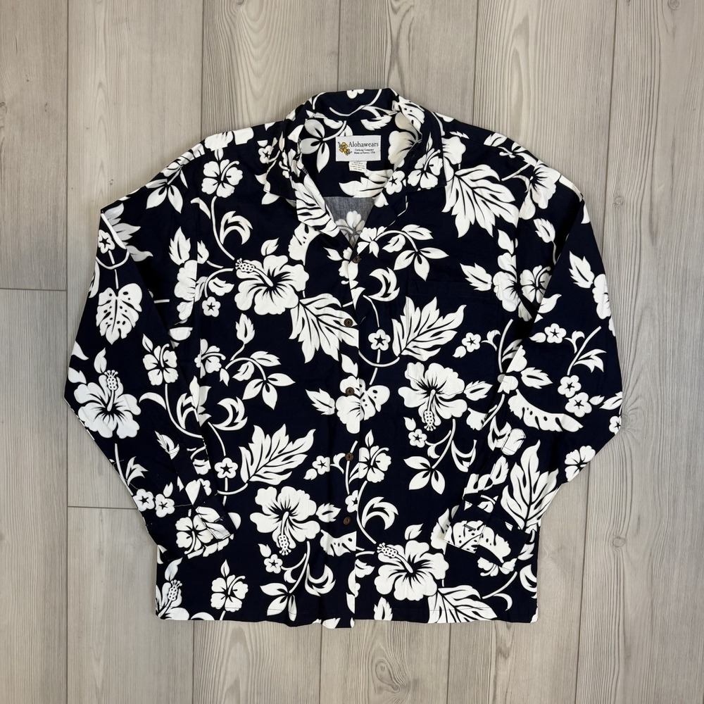 Alohawears Mens Large Navy White Hibiscus Floral Hawaiian Shirt Made in Hawaii